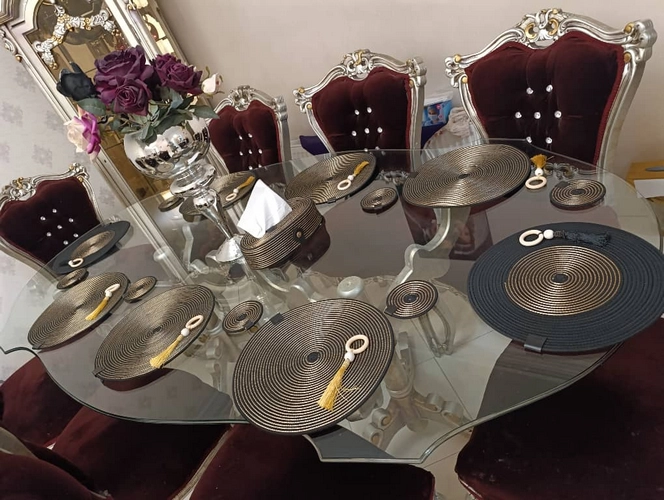 زیر بشقابی قیطان دوزی - زیر لیونی قیطان دوزی - کاور دستمال کاغذی قیطان دوزی - میز غذا خوری شیک